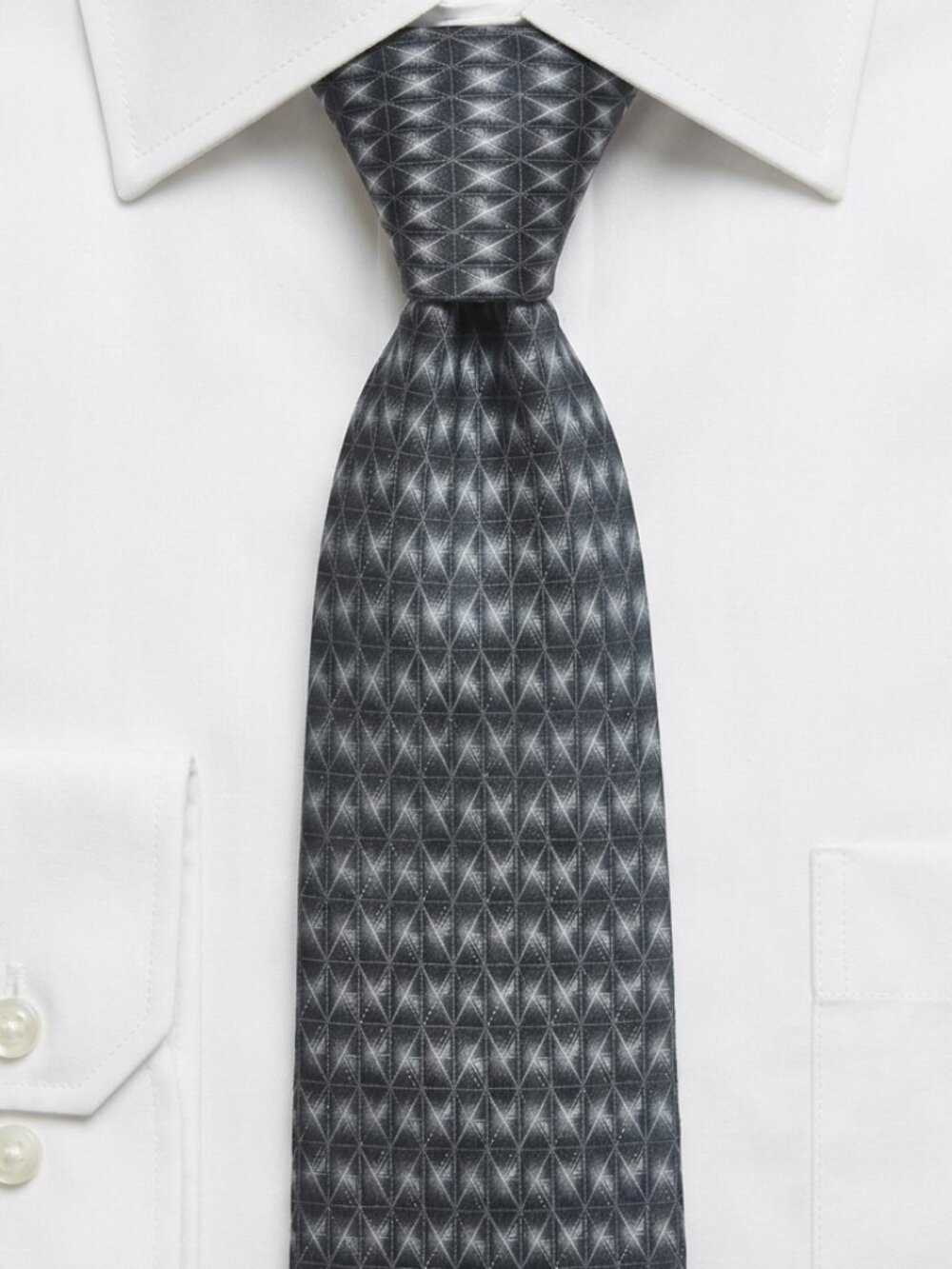 Murano Men's Tie Charcoal Grey Silver Geometric 100% Silk Necktie Made in Korea